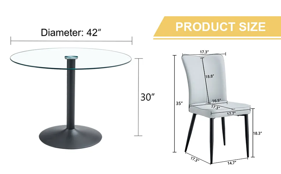 42" Glass Round Dining Table Set: Black Metal Base, 4 Gray PU Chairs - Stripe Backrest