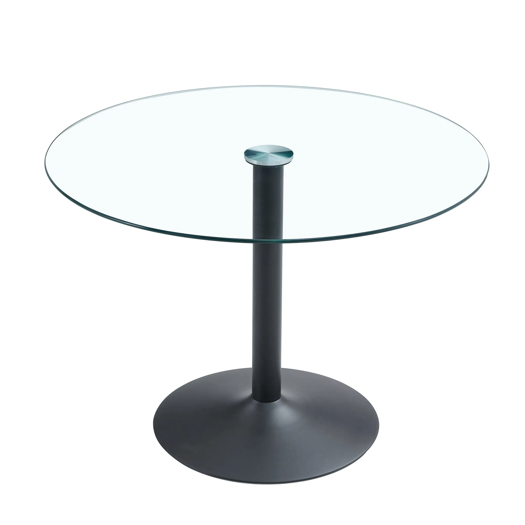 42" Glass Round Dining Table Set: Black Metal Base, 4 Gray PU Chairs - Stripe Backrest