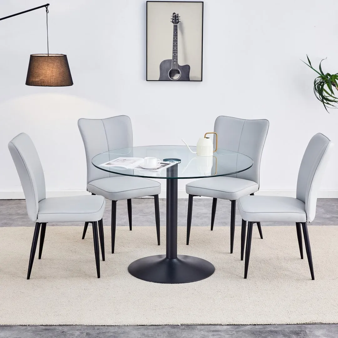 42" Glass Round Dining Table Set: Black Metal Base, 4 Gray PU Chairs - Stripe Backrest