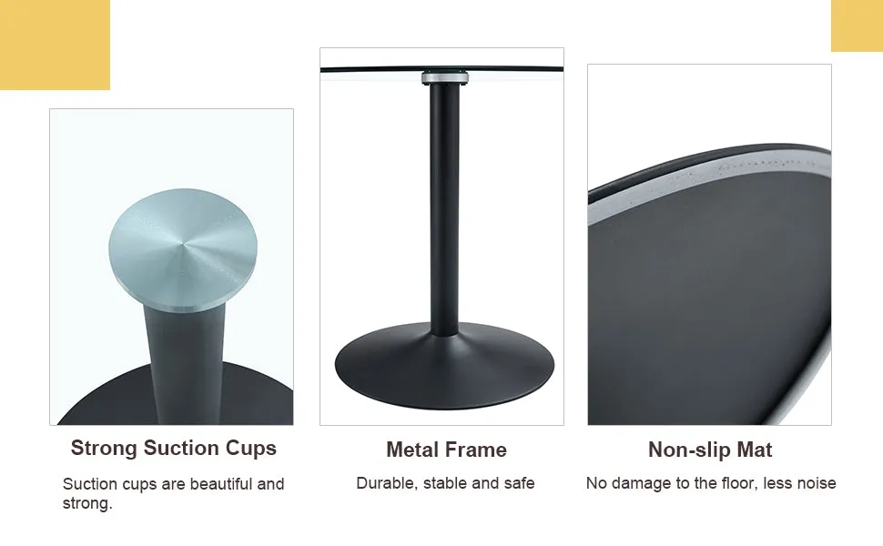 42" Glass Round Dining Table Set: Black Metal Base, 4 Gray PU Chairs - Stripe Backrest
