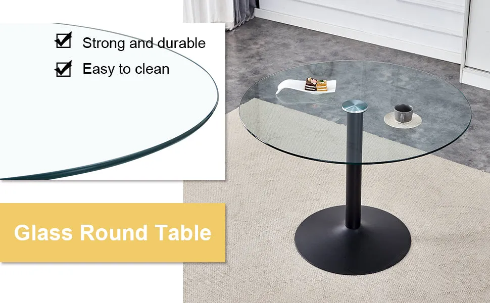 42" Glass Round Dining Table Set: Black Metal Base, 4 Gray PU Chairs - Stripe Backrest