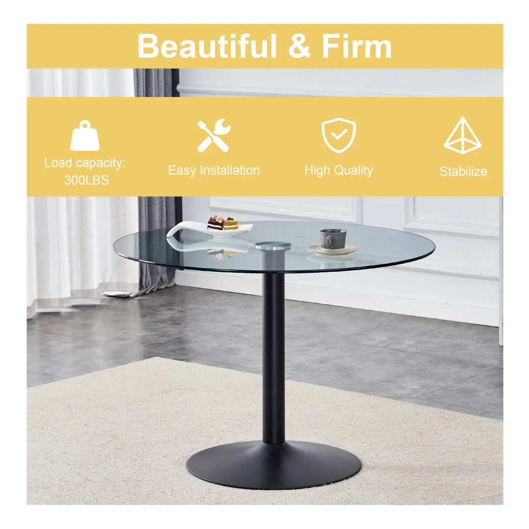 42" Glass Round Dining Table Set: Black Metal Base, 4 Gray PU Chairs - Stripe Backrest