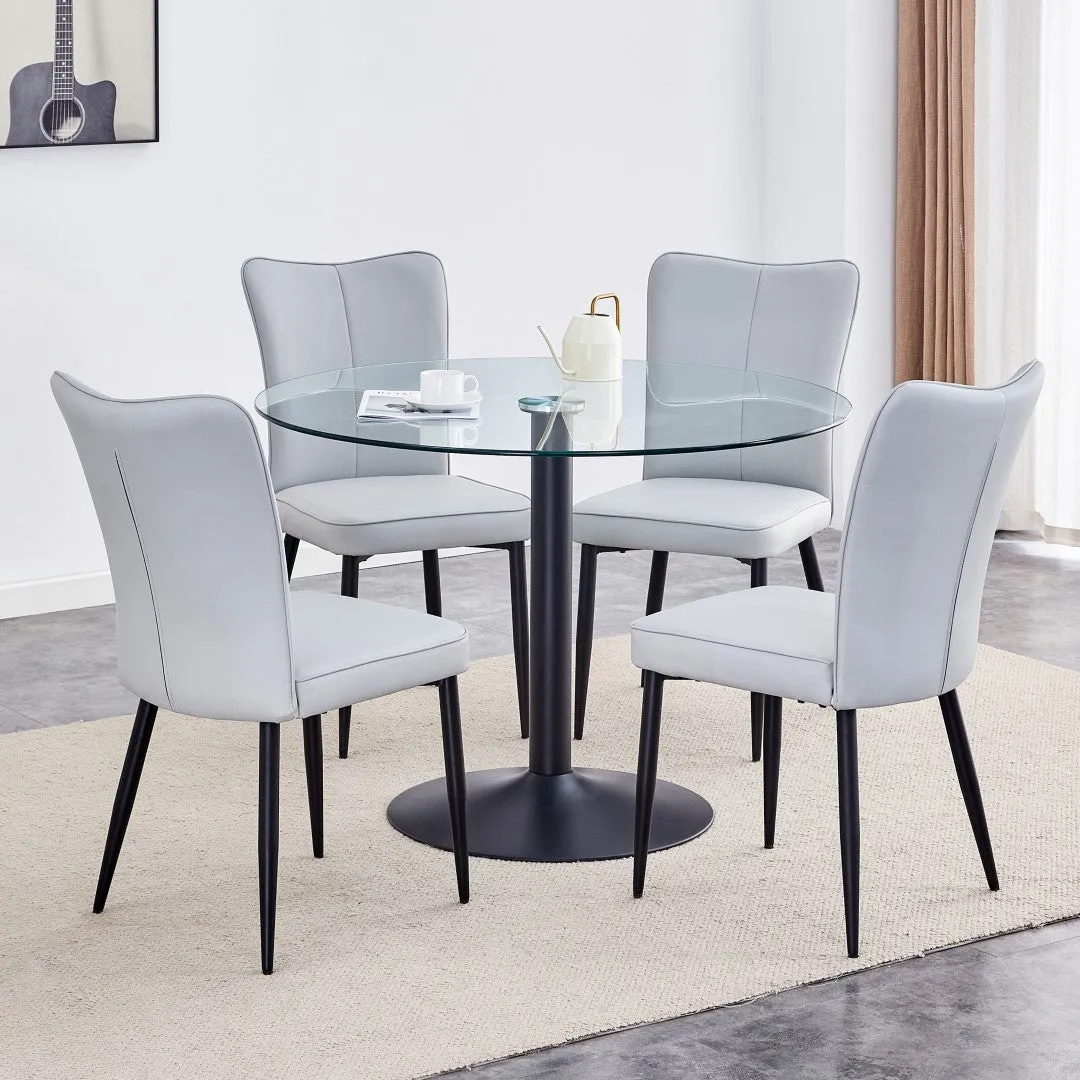 42" Glass Round Dining Table Set: Black Metal Base, 4 Gray PU Chairs - Stripe Backrest