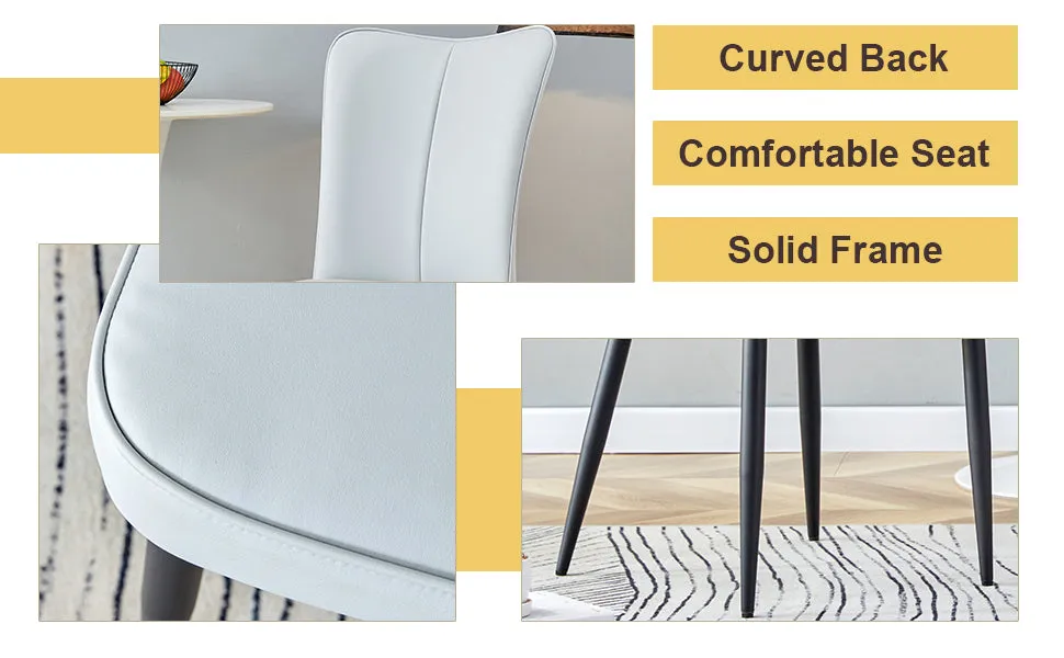 42" Glass Round Dining Table Set: Black Metal Base, 4 Gray PU Chairs - Stripe Backrest