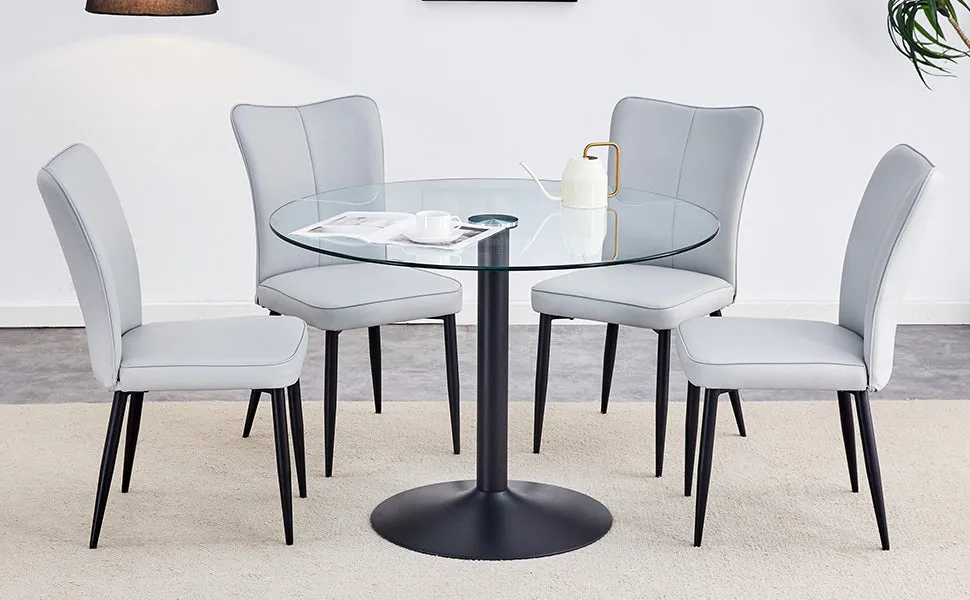 42" Glass Round Dining Table Set: Black Metal Base, 4 Gray PU Chairs - Stripe Backrest