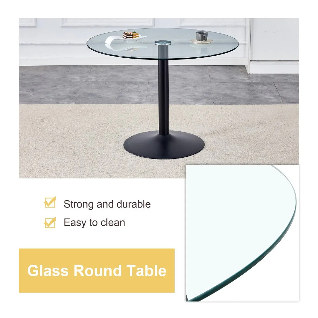 42" Glass Round Dining Table Set: Black Metal Base, 4 Gray PU Chairs - Stripe Backrest