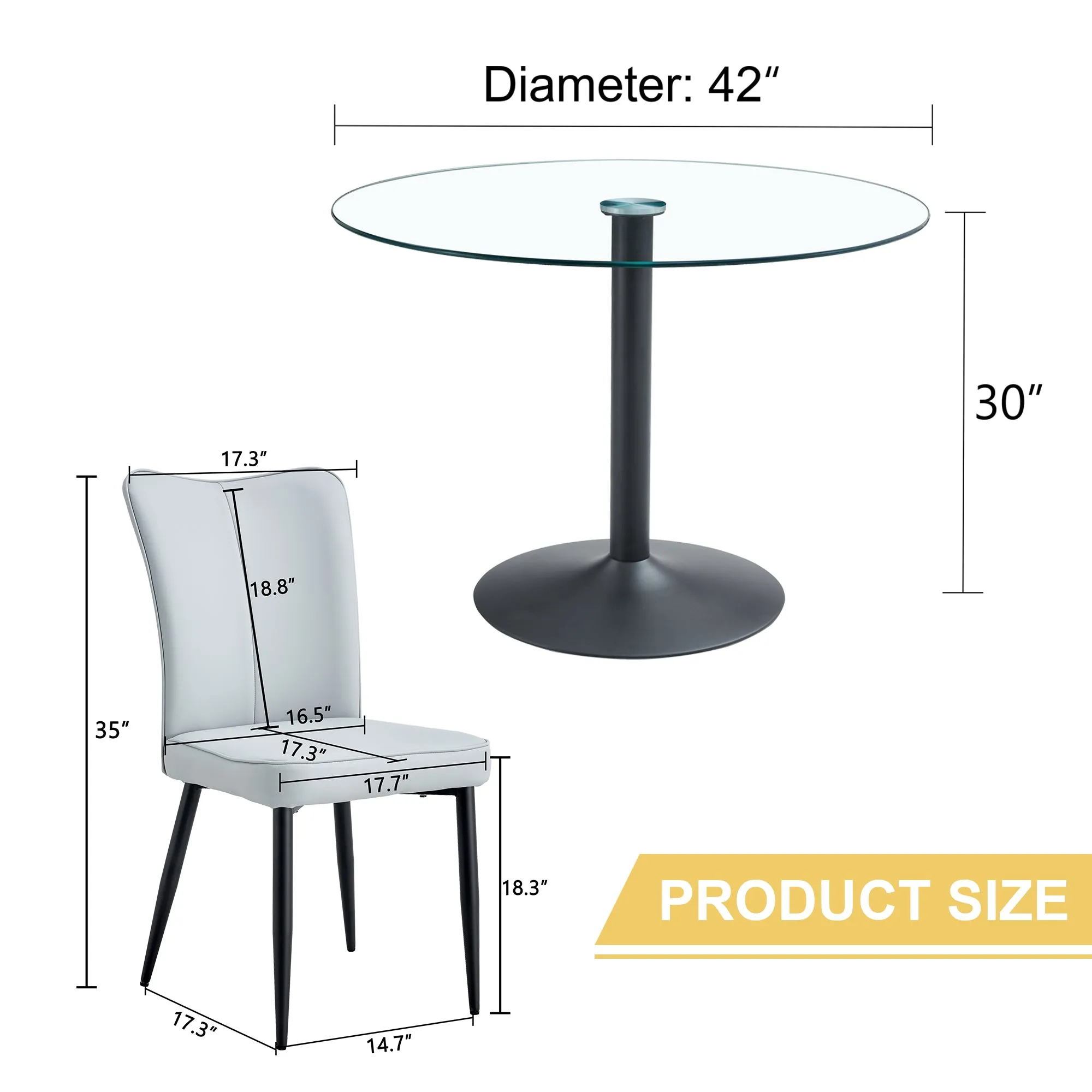 42" Glass Round Dining Table Set: Black Metal Base, 4 Gray PU Chairs - Stripe Backrest
