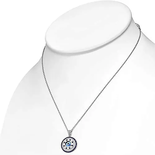 925 Sterling Silver White Blue CZ Evil Eye Protection Pendant Necklace