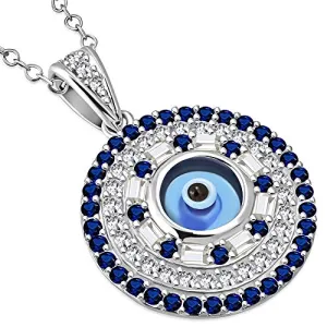 925 Sterling Silver White Blue CZ Evil Eye Protection Pendant Necklace