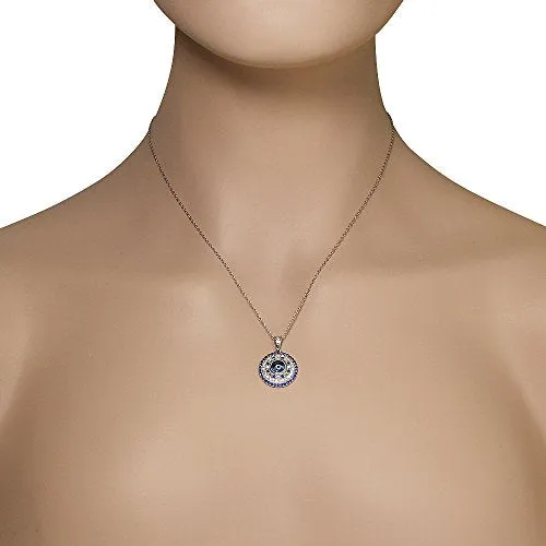 925 Sterling Silver White Blue CZ Evil Eye Protection Pendant Necklace