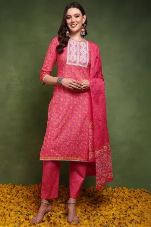 Ahika Pink Pure Cotton Paisley Embroidered Straight Suit Set