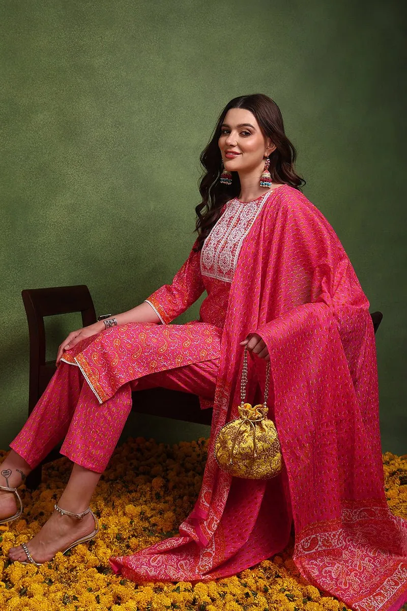 Ahika Pink Pure Cotton Paisley Embroidered Straight Suit Set