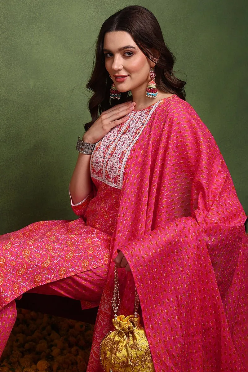 Ahika Pink Pure Cotton Paisley Embroidered Straight Suit Set