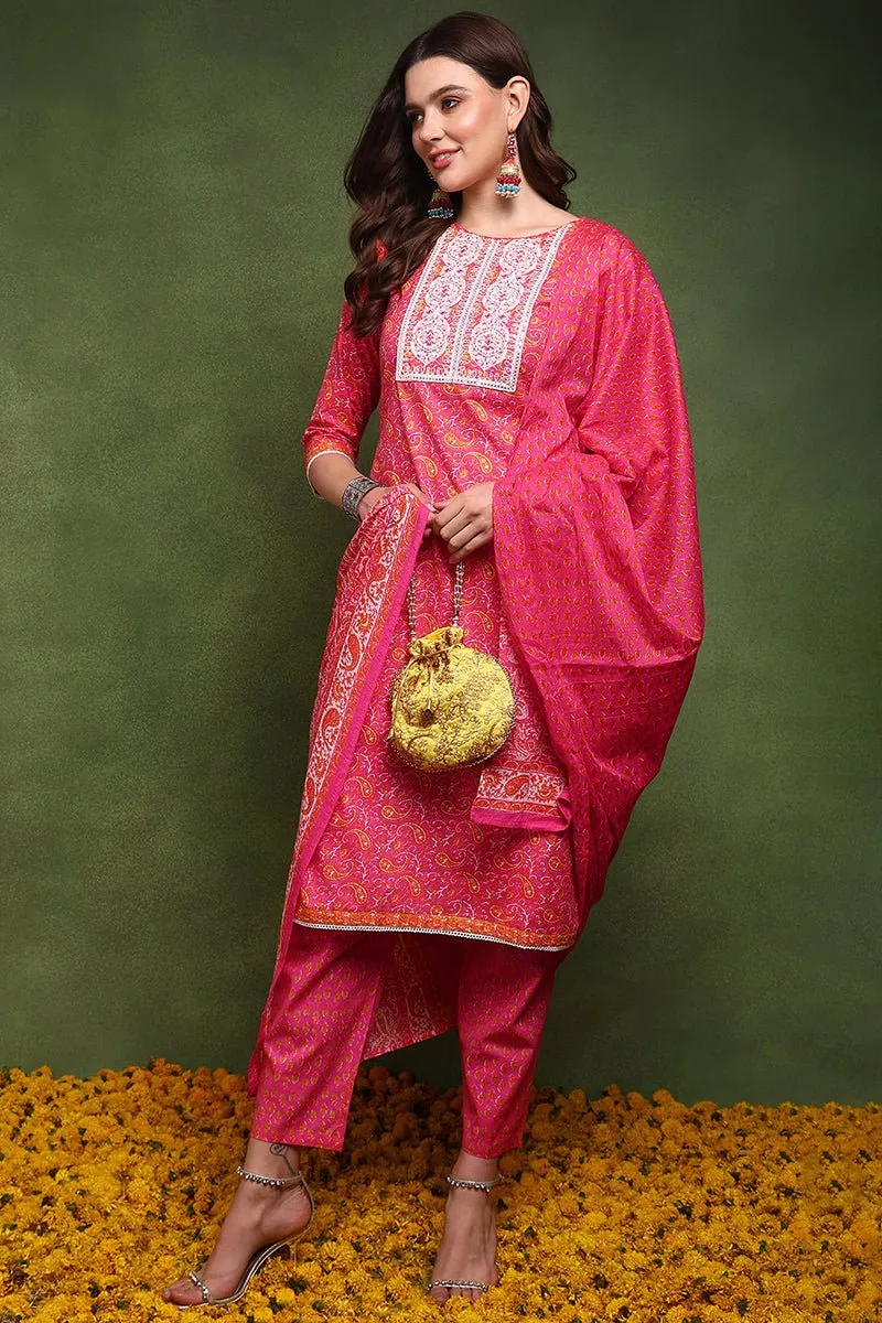 Ahika Pink Pure Cotton Paisley Embroidered Straight Suit Set