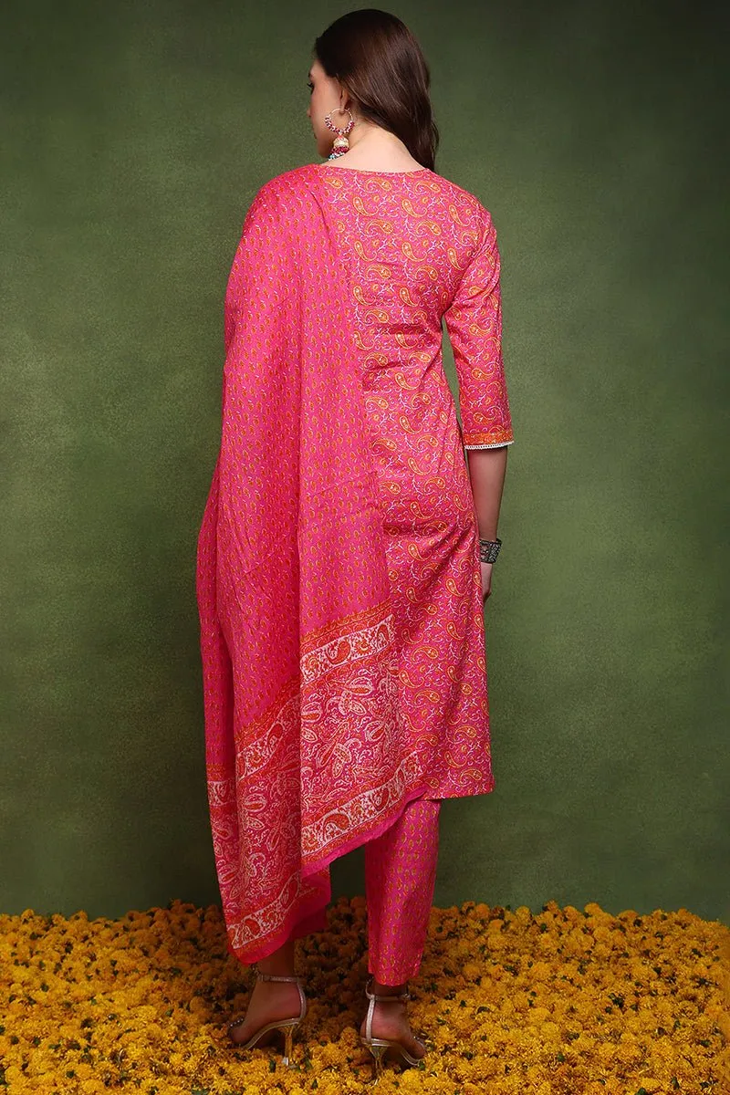 Ahika Pink Pure Cotton Paisley Embroidered Straight Suit Set