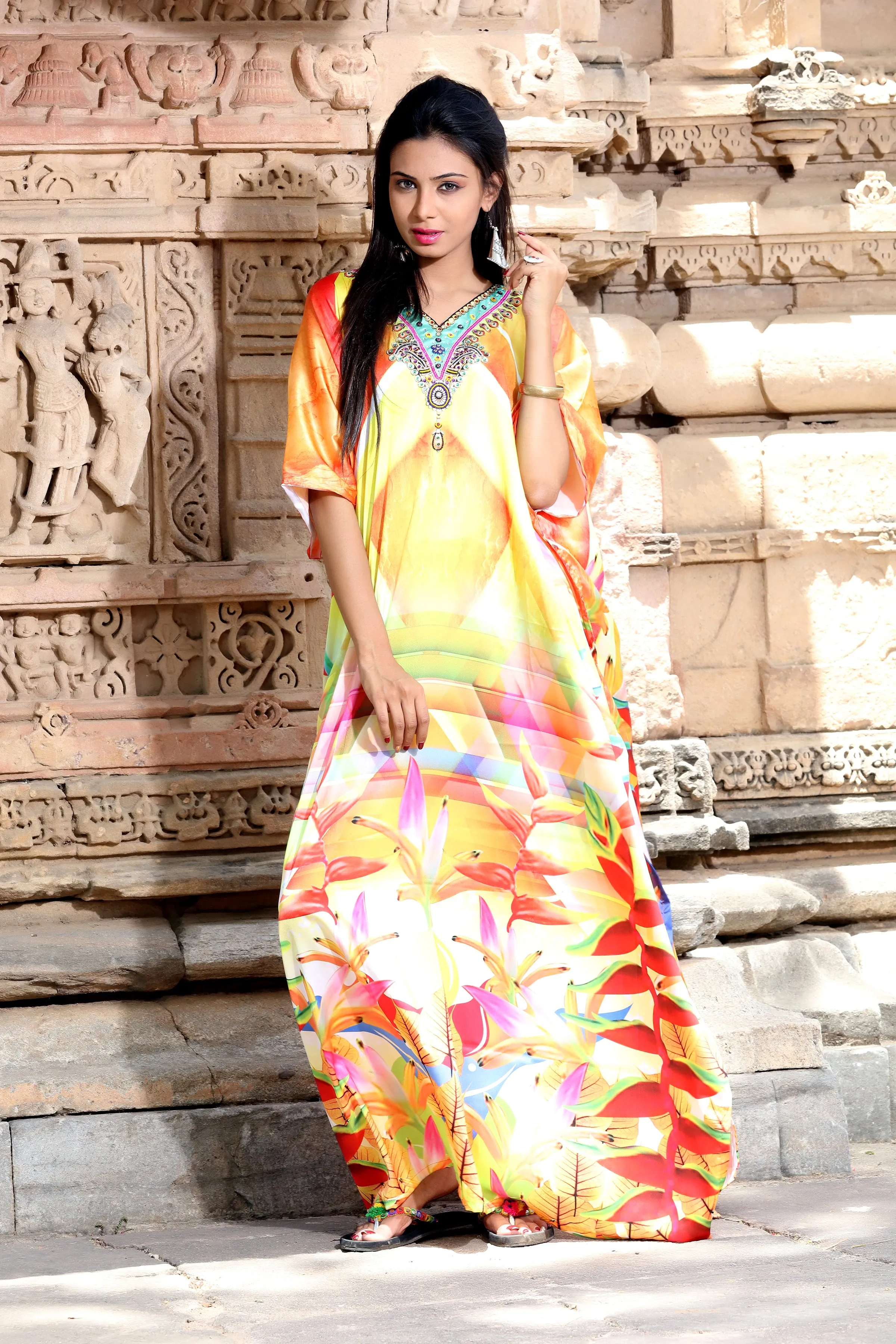 Beach kaftan dress for women one size floral print long kaftan dress