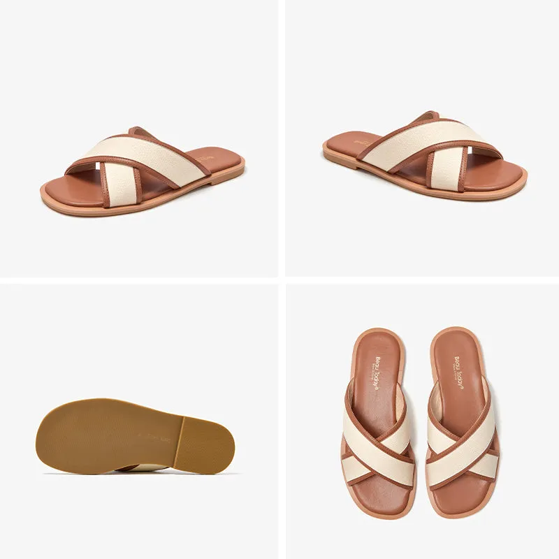 BeauToday Leisure Calfskin Cross Strap Slippers Flats for Women