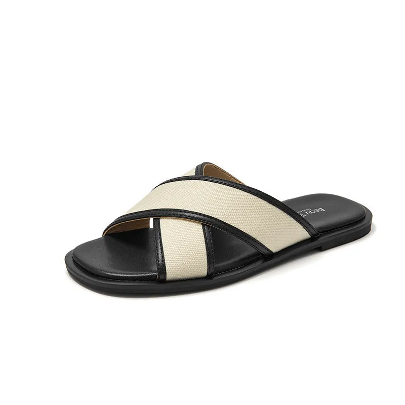 BeauToday Leisure Calfskin Cross Strap Slippers Flats for Women