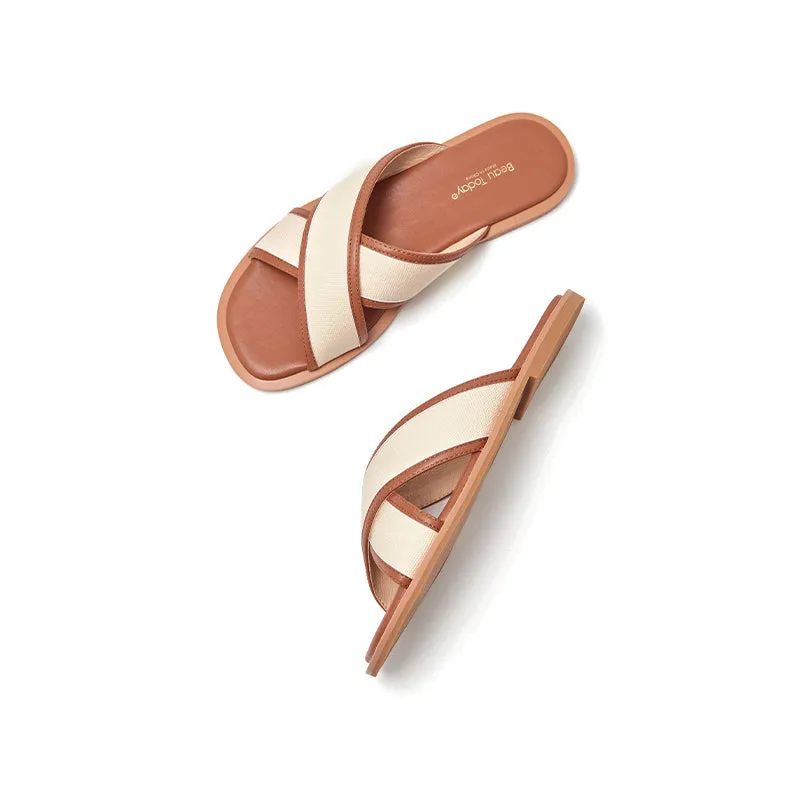BeauToday Leisure Calfskin Cross Strap Slippers Flats for Women