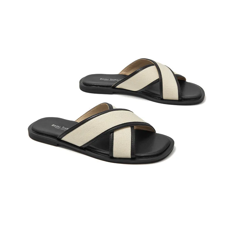 BeauToday Leisure Calfskin Cross Strap Slippers Flats for Women