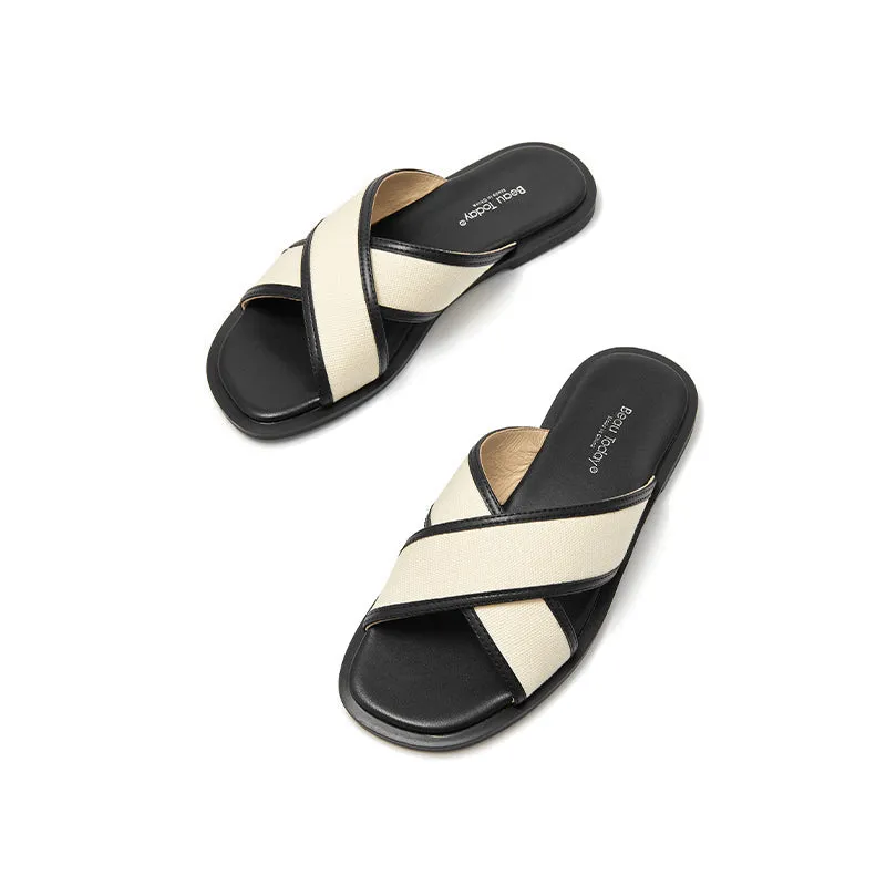 BeauToday Leisure Calfskin Cross Strap Slippers Flats for Women