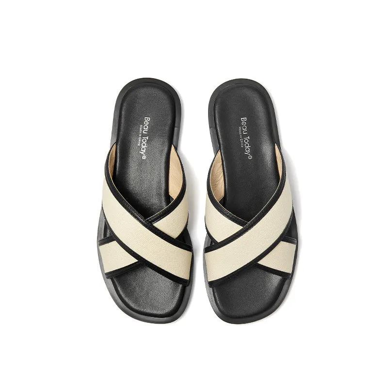 BeauToday Leisure Calfskin Cross Strap Slippers Flats for Women