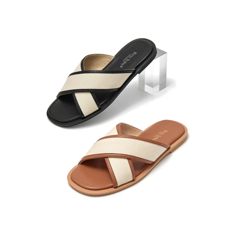 BeauToday Leisure Calfskin Cross Strap Slippers Flats for Women