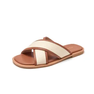BeauToday Leisure Calfskin Cross Strap Slippers Flats for Women