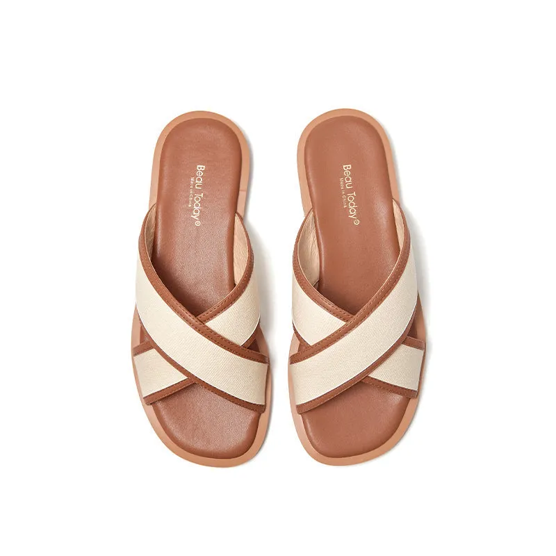 BeauToday Leisure Calfskin Cross Strap Slippers Flats for Women