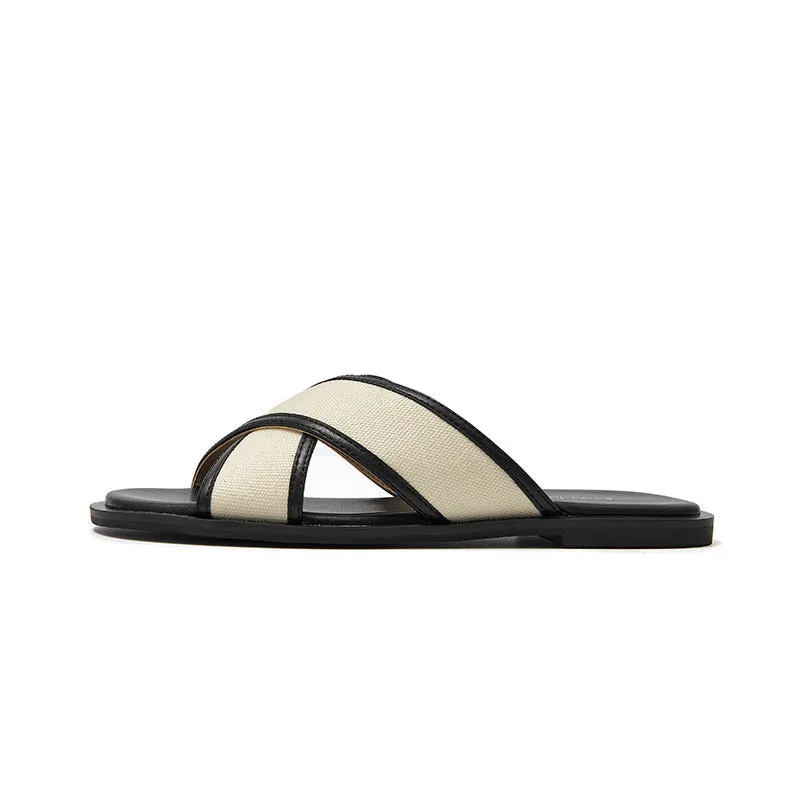 BeauToday Leisure Calfskin Cross Strap Slippers Flats for Women