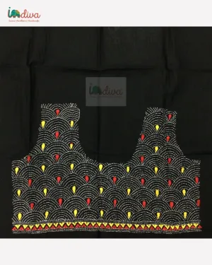 Black Kantha Blouse Fabric With Red & Yellow Motifs