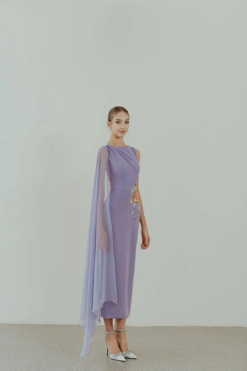CHARMIE VIOLET EMBROIDERED PENCIL MIDI DRESS