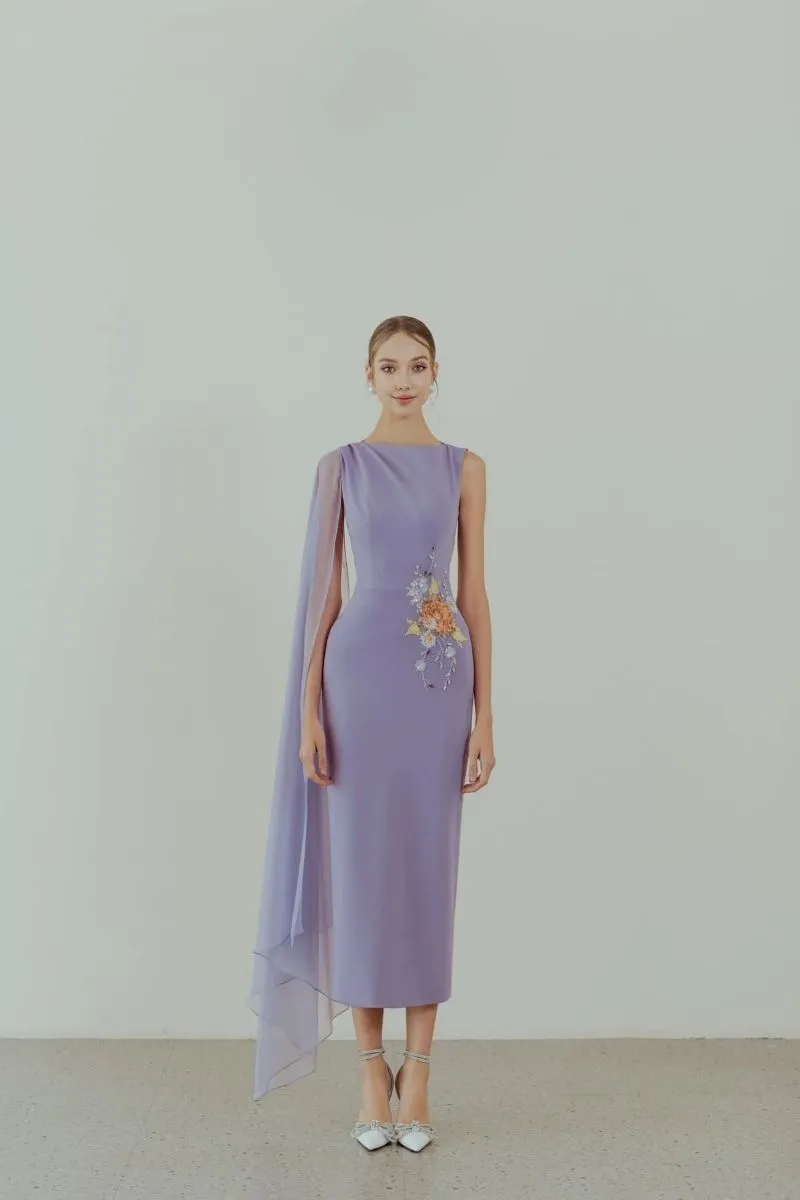 CHARMIE VIOLET EMBROIDERED PENCIL MIDI DRESS