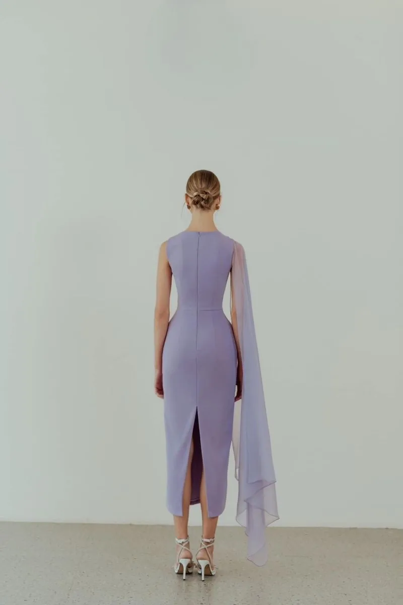 CHARMIE VIOLET EMBROIDERED PENCIL MIDI DRESS