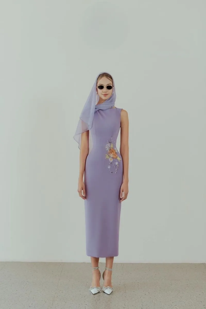 CHARMIE VIOLET EMBROIDERED PENCIL MIDI DRESS