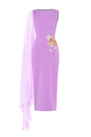 CHARMIE VIOLET EMBROIDERED PENCIL MIDI DRESS