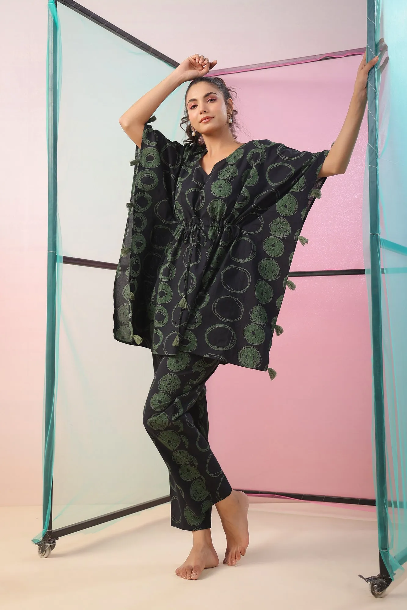 Circles on Black Kaftan Co-ord Set