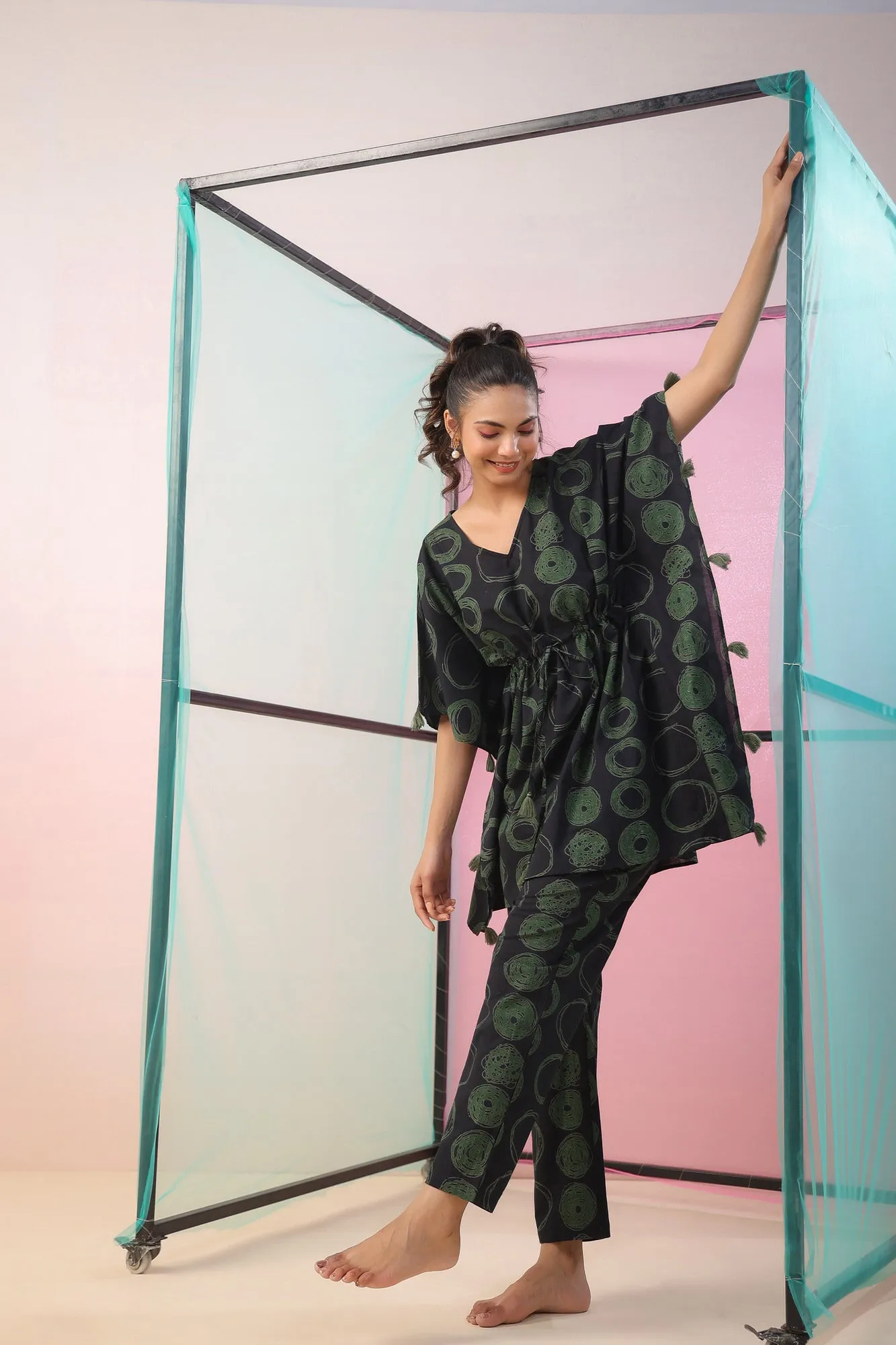 Circles on Black Kaftan Co-ord Set