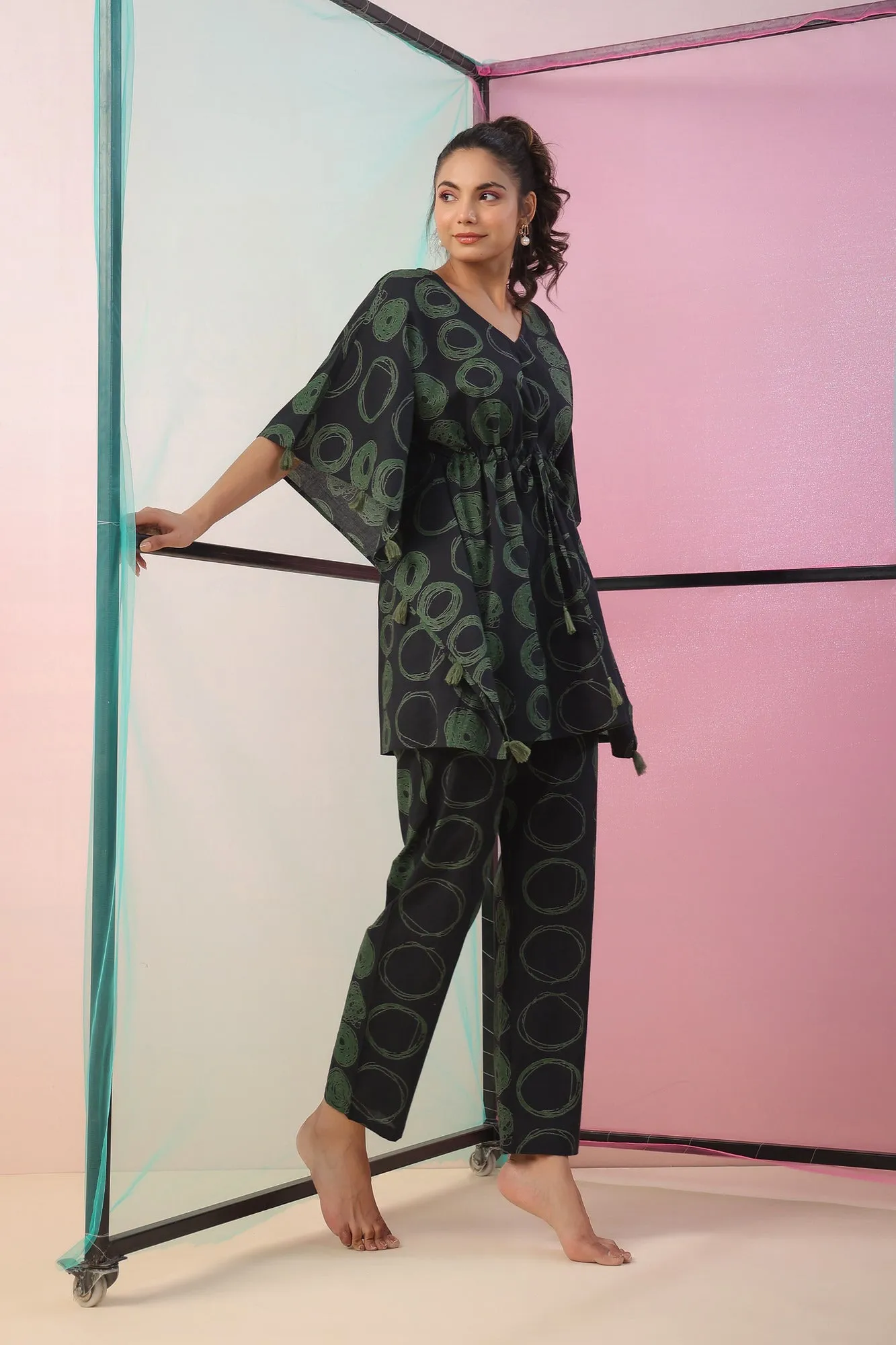 Circles on Black Kaftan Co-ord Set