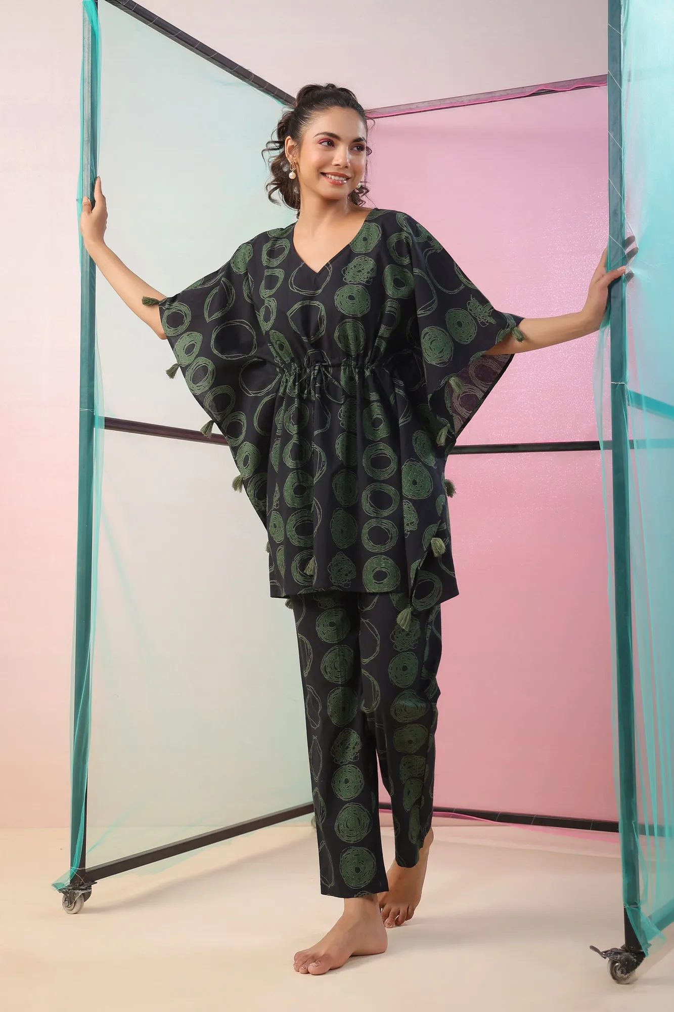 Circles on Black Kaftan Co-ord Set