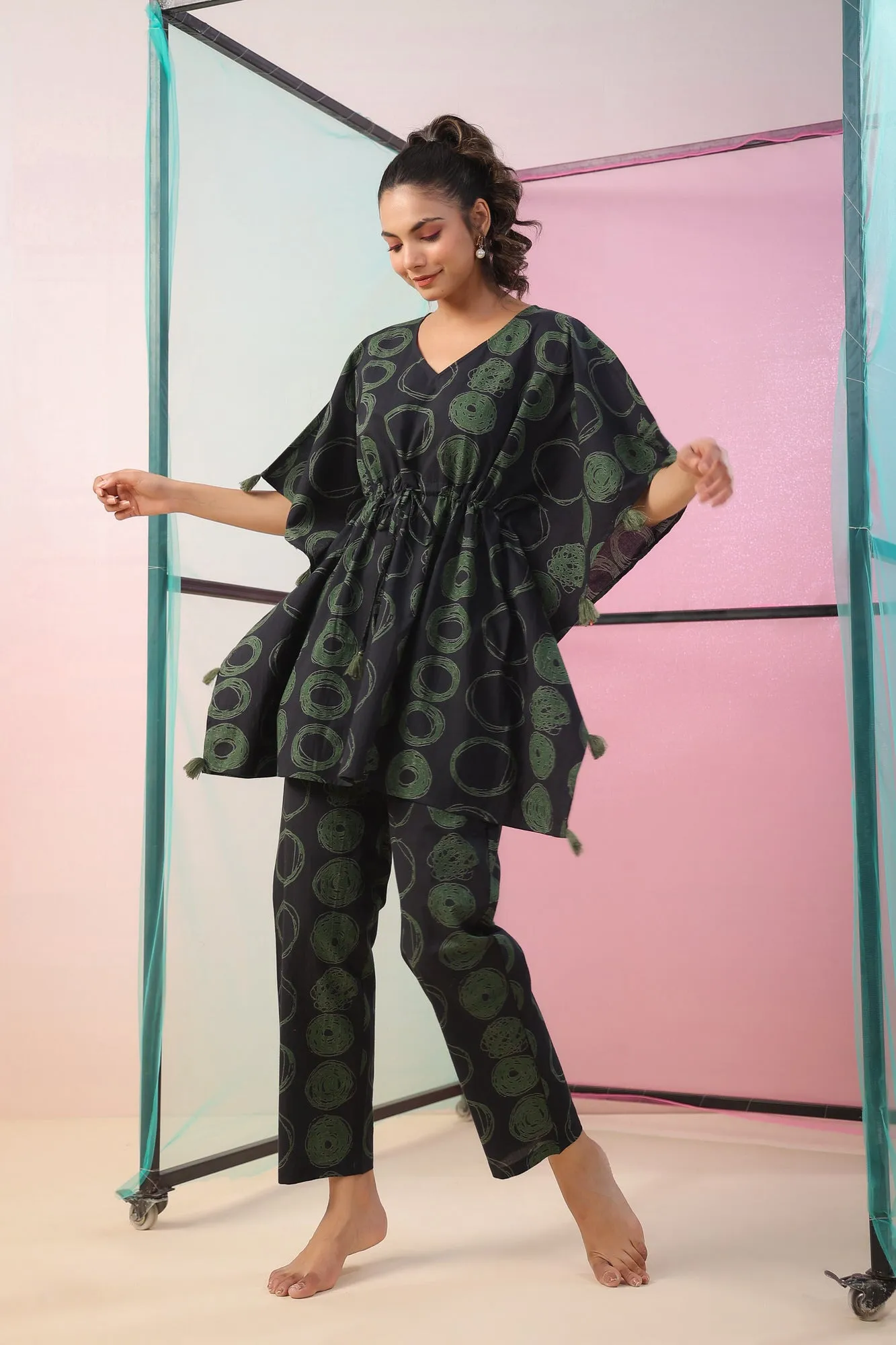Circles on Black Kaftan Co-ord Set