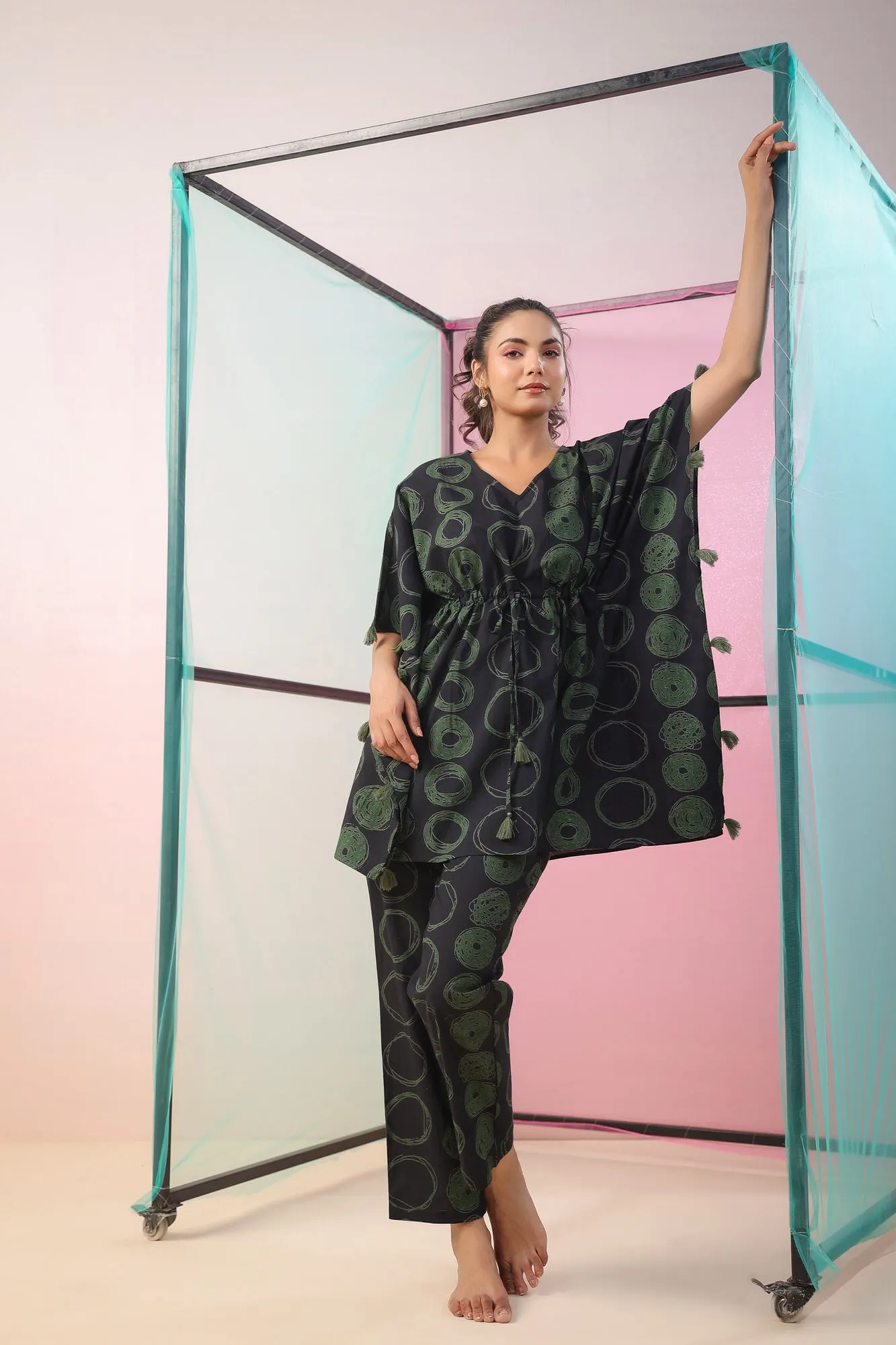 Circles on Black Kaftan Co-ord Set