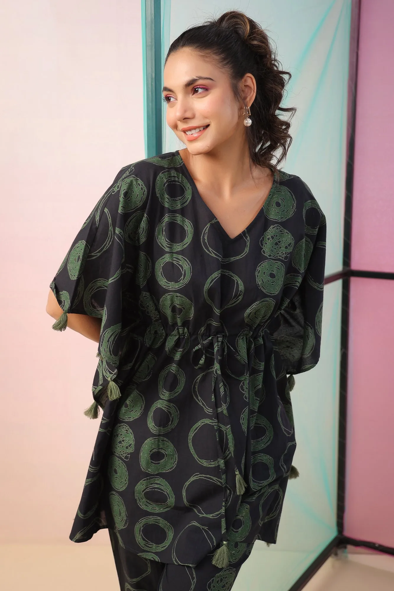 Circles on Black Kaftan Co-ord Set