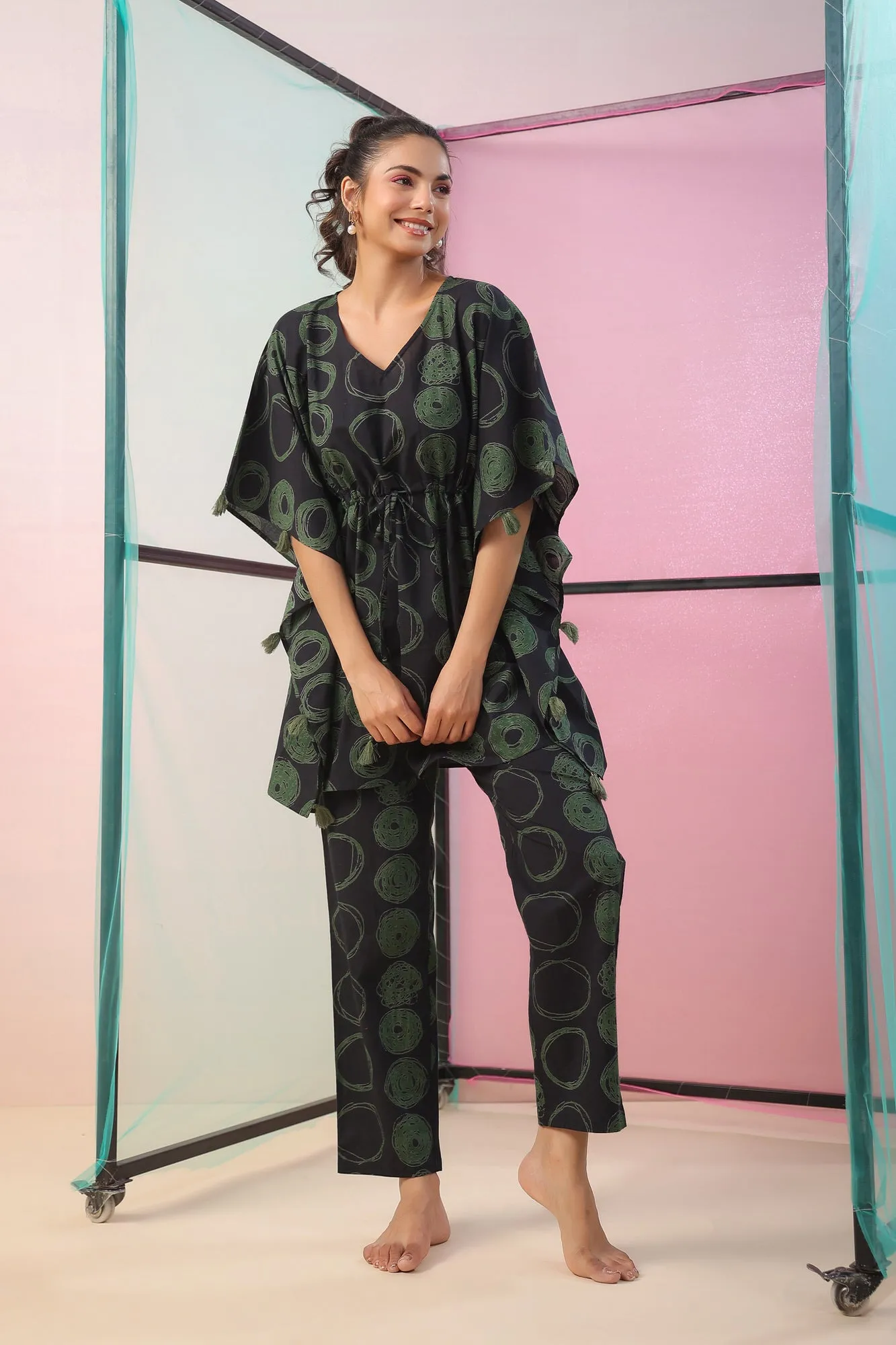 Circles on Black Kaftan Co-ord Set