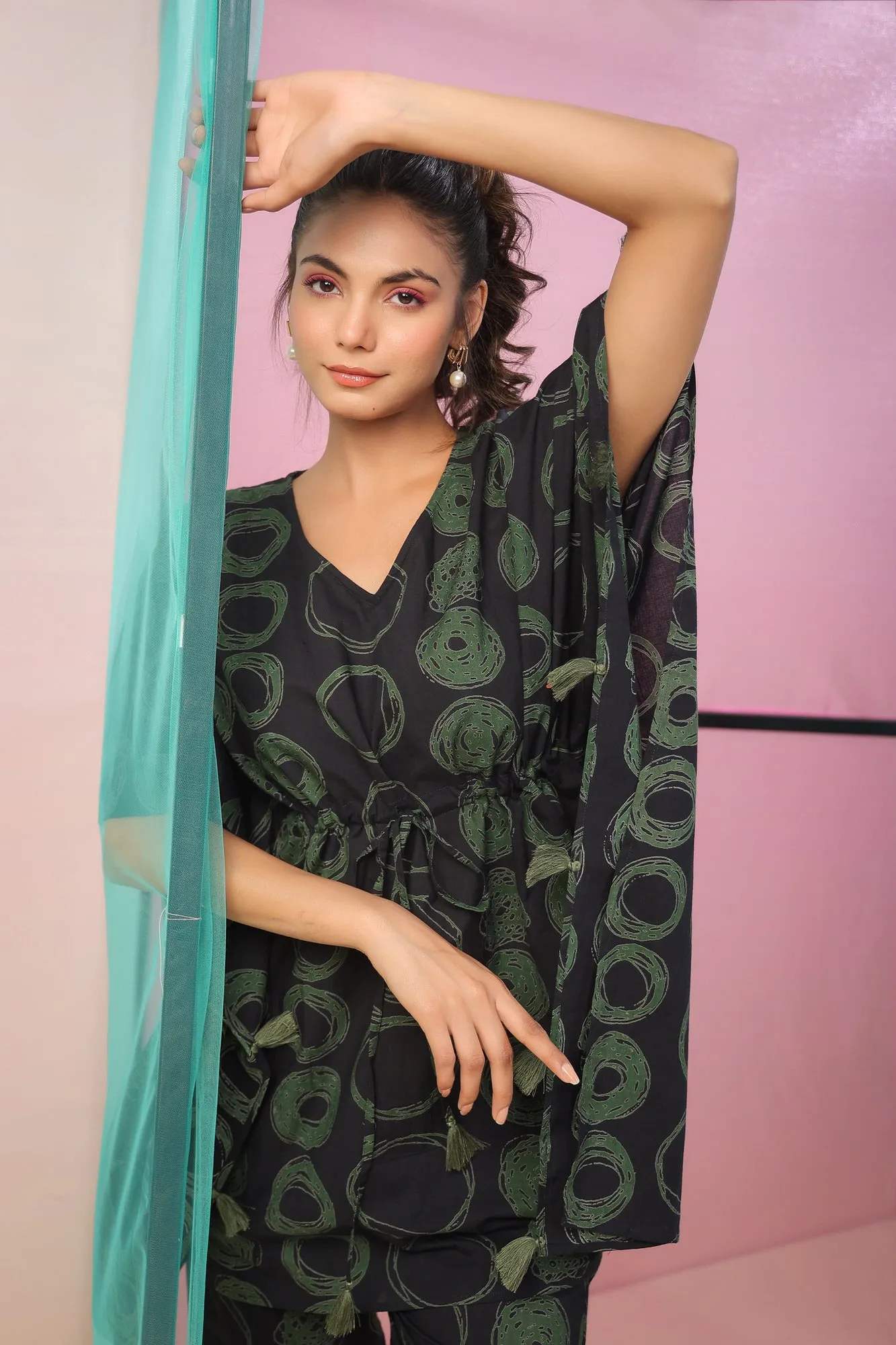 Circles on Black Kaftan Co-ord Set
