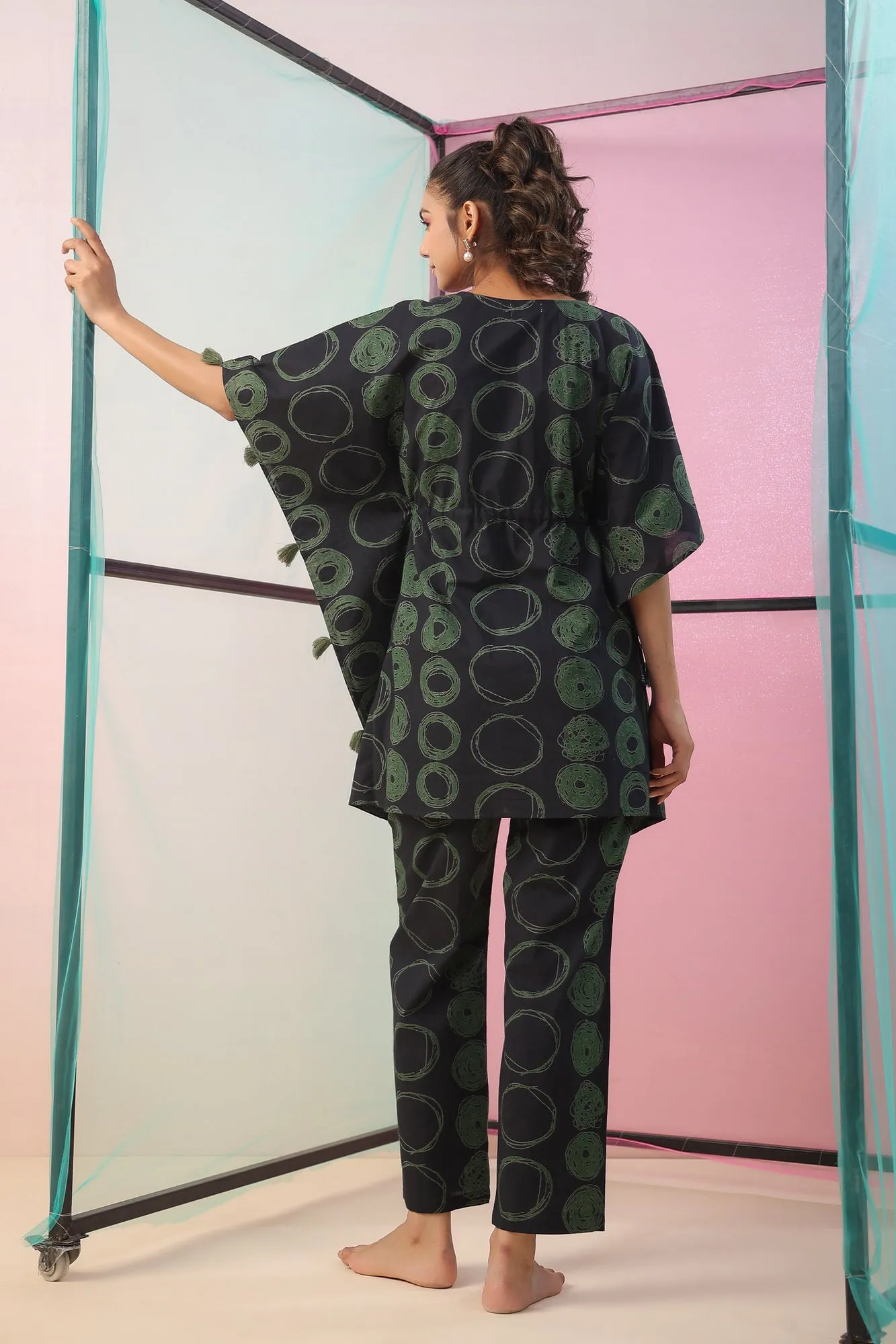 Circles on Black Kaftan Co-ord Set