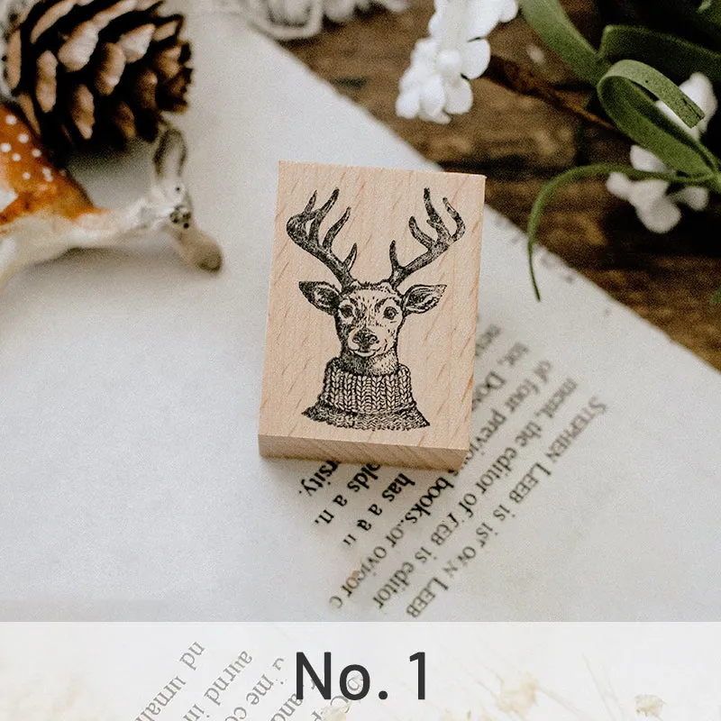 Cute Animals with Antler Wooden Rubber Stamp