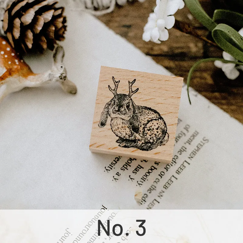 Cute Animals with Antler Wooden Rubber Stamp