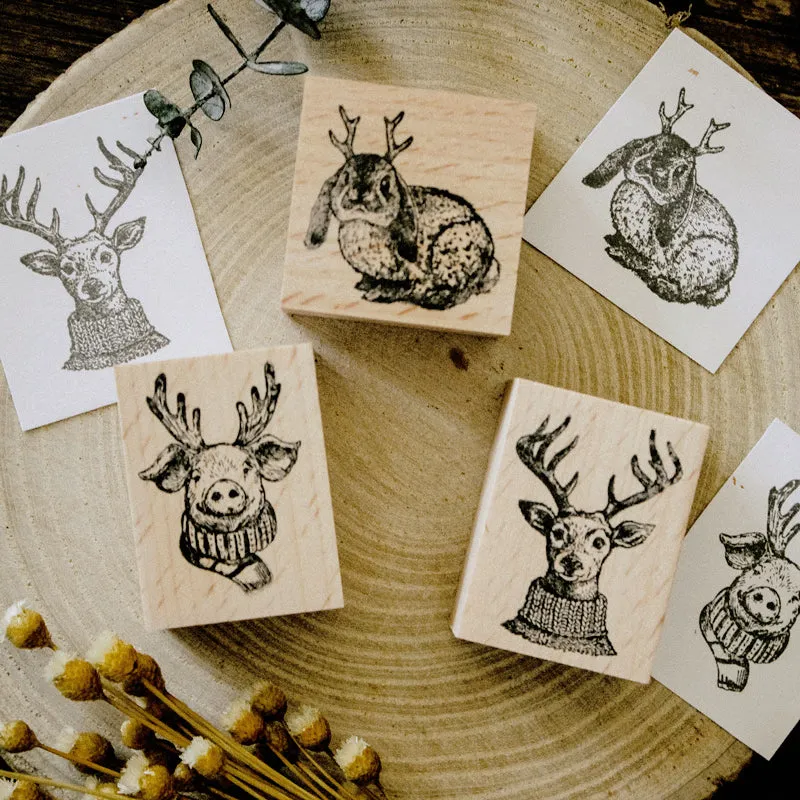 Cute Animals with Antler Wooden Rubber Stamp