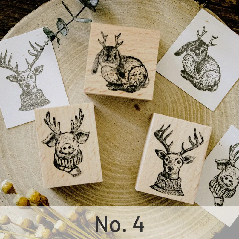 Cute Animals with Antler Wooden Rubber Stamp